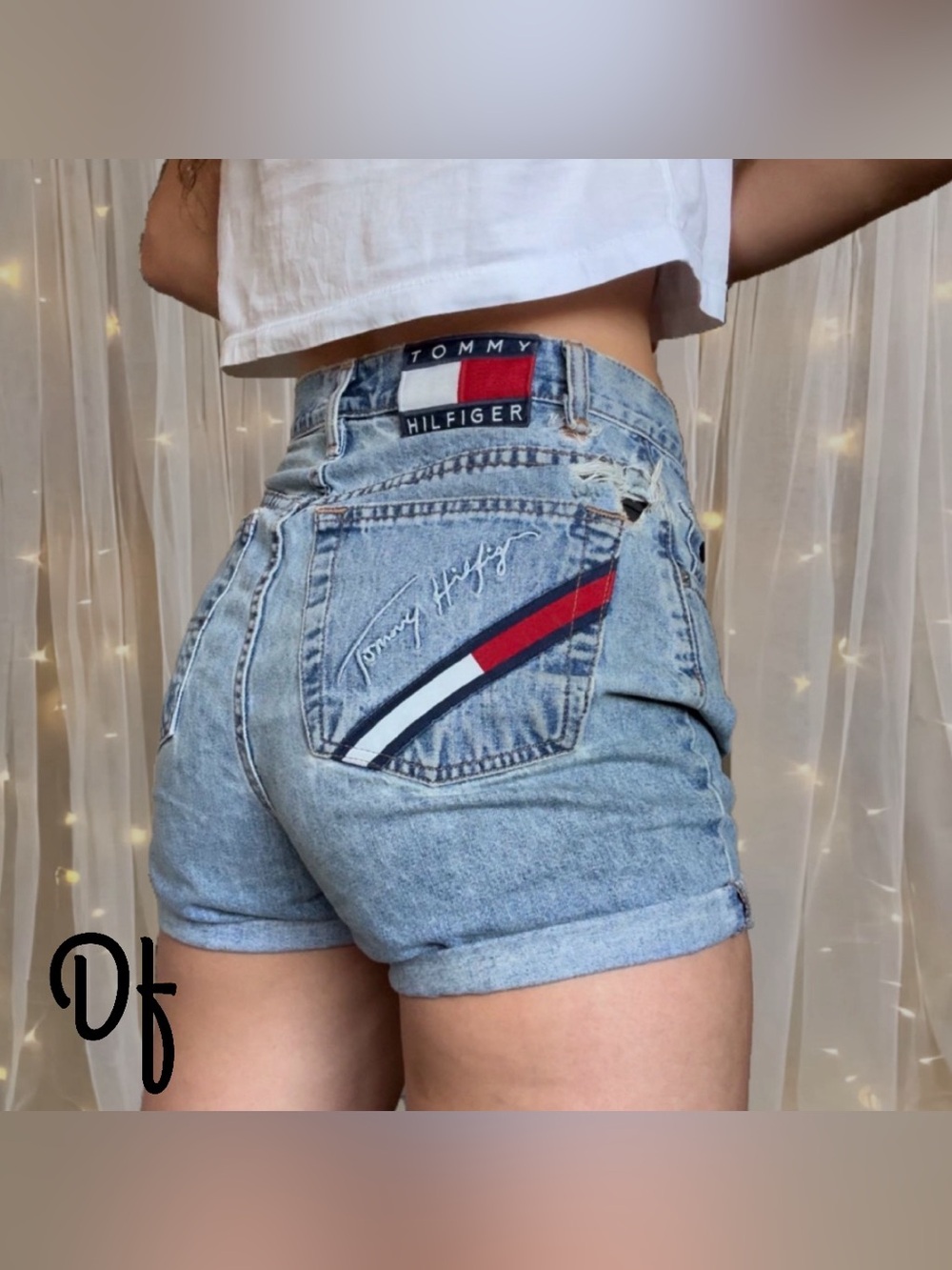 VTG Tommy Hilfiger Blue Denim Shorts with Red-White-Blue Stripe Size 26 Waist